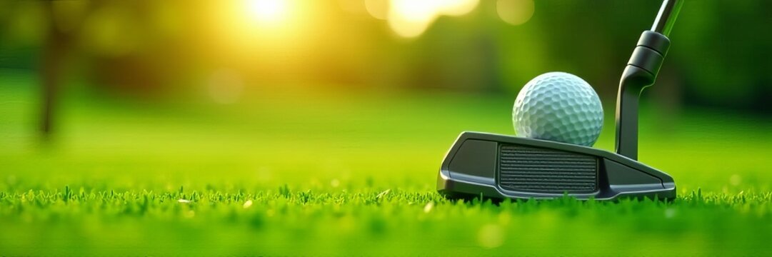 Close-up of putter head near golf ball on green , leisure, outdoor