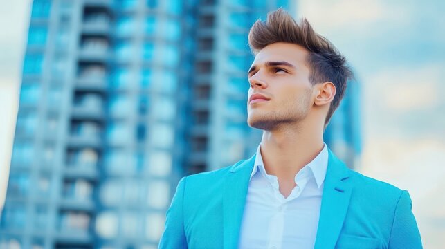 Confident Urban Gentleman: A handsome man in a tailored suit gazes upward, set against the backdrop of a modern building, exuding an aura of ambition and sophistication.