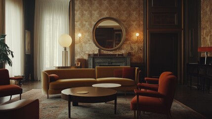 High-end living room interior with an ornate patterned wall, refined furniture, and a luxurious color scheme for an opulent feel