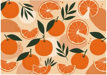 Citrus pattern, oranges and leaves, minimalist design, retro style, pastel background, geometric composition, vintage illustration, flat color palette