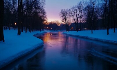 Winter sunset over snowy river park (1)