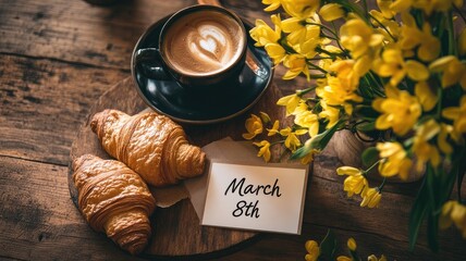 Delightful Breakfast Spread with Croissants, Coffee, and Yellow Blossoms, Honoring International Women's Day on March 8th