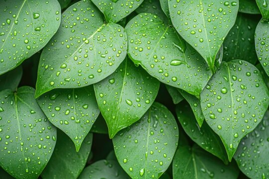 Lush green leaves adorned with glistening droplets create refres