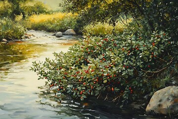 A serene river lined with juniper bushes, their bright berries adding pops color