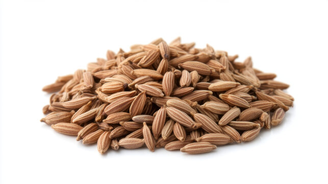 Cumin seeds are popular spice known for their earthy flavor and aroma, often used in various cuisines. This showcases pile of brown cumin seeds, highlighting their unique shape and texture
