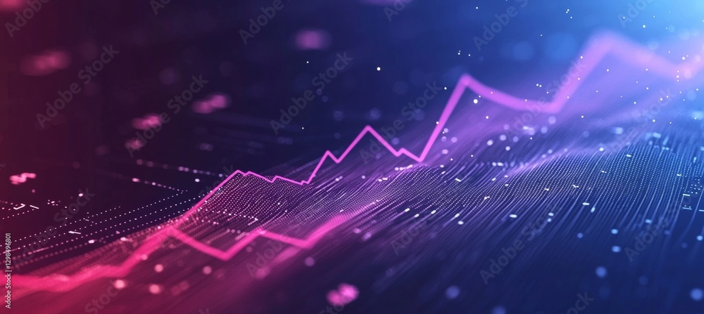 Poster data visualization, financial graph representation with glowing lines, digital technology background
