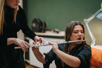 An instructor helps a learner position fingers correctly on a flute during practice, promoting music education and skill development in a cozy, indoor setting. © qunica.com