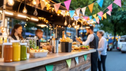 Culinary Delights at Food Stand: Capture the bustling atmosphere of an outdoor food stand adorned with colorful bunting and string lights, serving fresh and inviting food and drinks