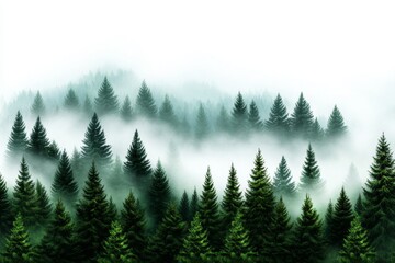 Fototapeta premium A digital illustration of a foggy pine forest, fading into the background in layers of mist