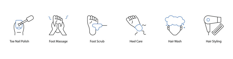 Fototapeta premium Foot and Hair Care Icons, Massage, Scrub, Styling, and Nail Polish
