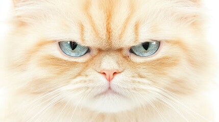 Fototapeta premium Grumpy Persian Cat: A close-up shot of a Persian cat with a grumpy expression. His intense blue eyes stare at the camera. The fur is soft, fluffy and white.