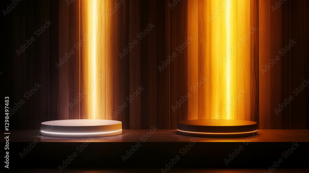 Poster sophisticated display of white podiums with ambient lighting for modern design concepts