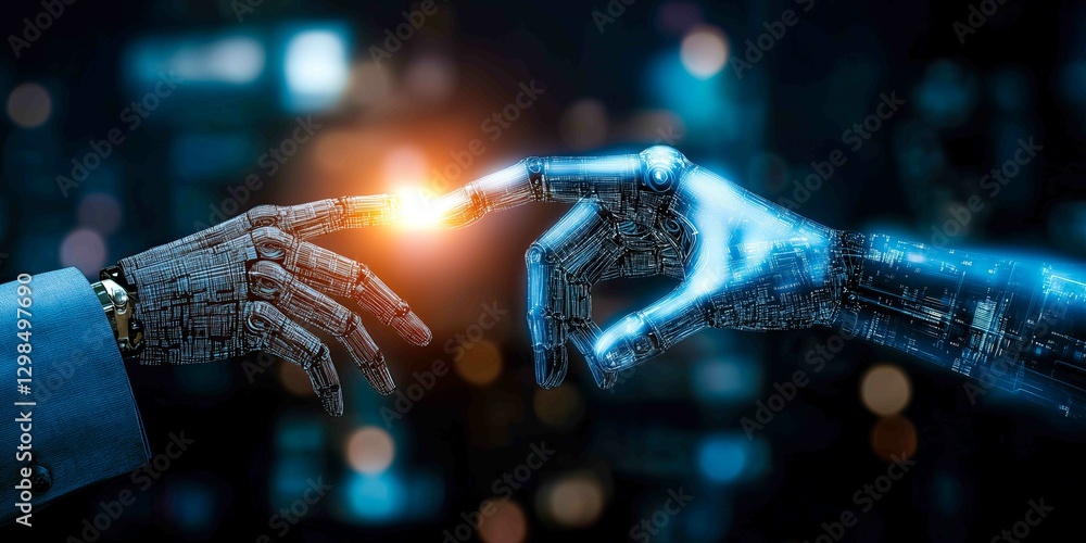 Poster AI, Machine learning, Hands of robot and human touch on big data network,
