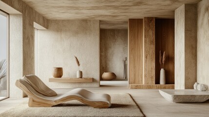 Modern Scandinavian-style empty living room with a smooth plaster wall, wooden elements, and neutral tones, ideal for mockup designs