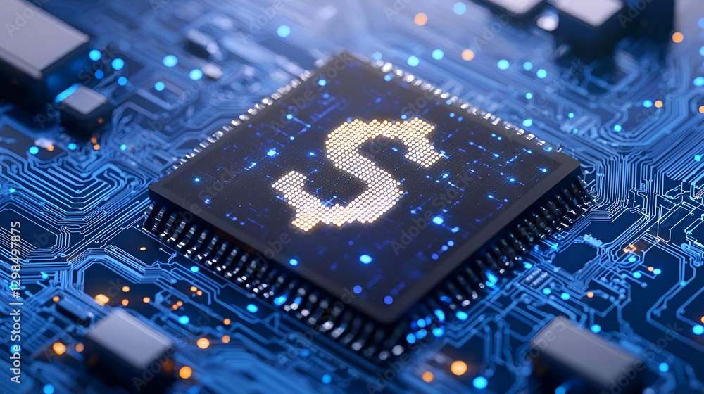 Poster digital technology with dollar sign on microchip circuit board