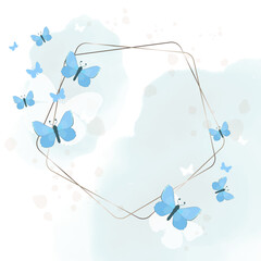 Elegant Gold Frame with Blue Butterflies and Soft Watercolor Background. Hand-Drawn Decorative Border for Wedding Invitations, Greeting Cards, Branding, and Romantic Design Projects.