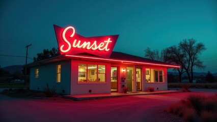 Motel neon sign, A retro 1950s motel at dusk with glowing neon sign soft light halos warm tones minimalistic off-center aesthetic rich re