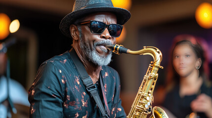 saxophonist wearing sunglasses plays soulful tunes at lively summer jazz festival, creating engaging atmosphere