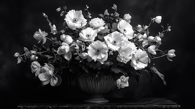 Monochrome black and white floral arrangement in a vase with various flowers