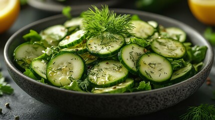 Fresh cucumber salad garnished with dill, presenting a healthy and vibrant dish perfect for summer meals and healthy eating.