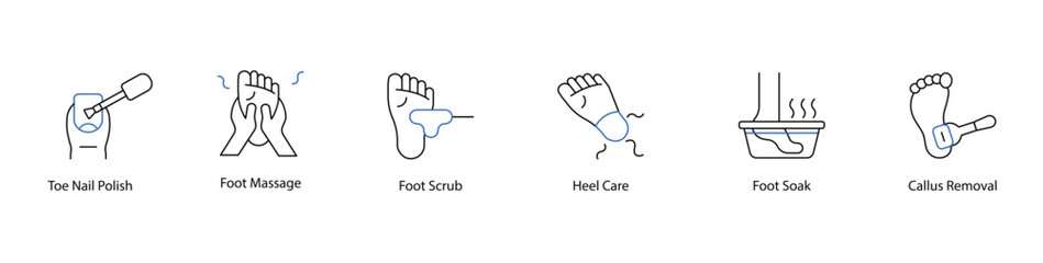 Foot Care and Nail Polish Icons, Massage, Scrub, and Callus Removal