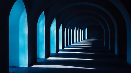 Endless corridor of repeating arches with dramatic shadows and light play