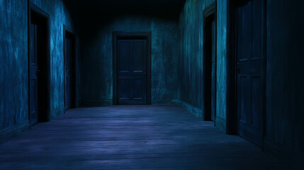 Mysterious corridor with repeating doorways in dimly lit empty rooms for creative design