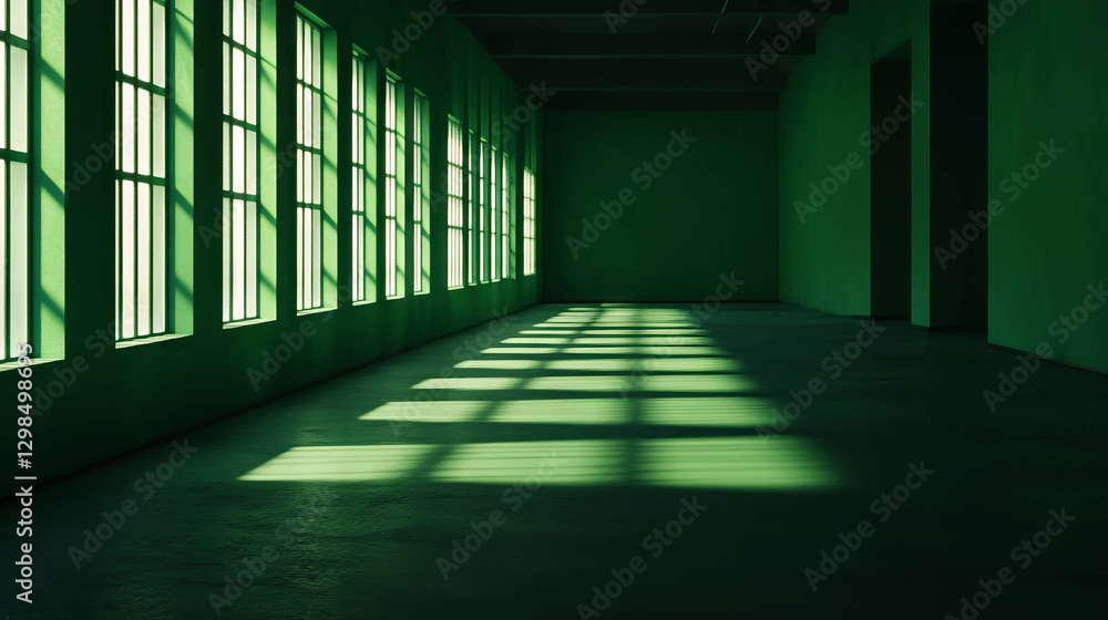 Poster repetitive window patterns casting shadows in empty architectural space