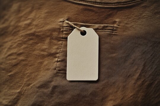 A close-up of an empty white tag hanging on the chest pocket of a plain brown t-shirt, focusing on its texture and shape.