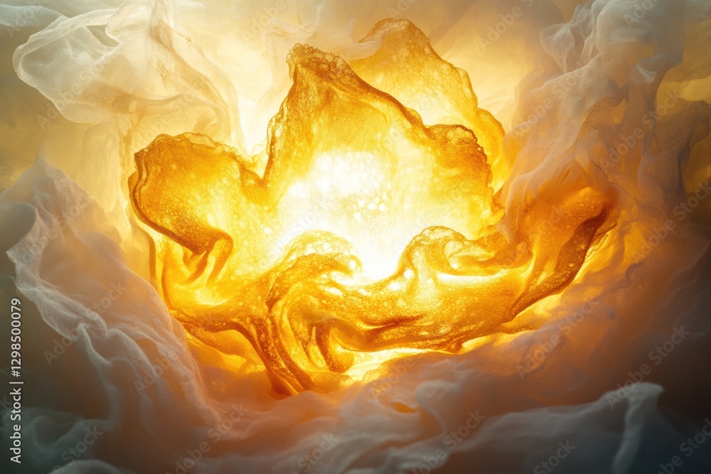 Poster Stunning display of golden light surrounded by swirling mist creating an ethereal ambiance in a dreamlike environment. Generative AI