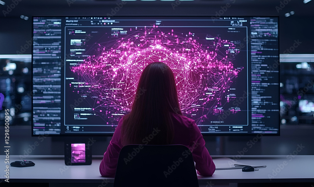 Poster young woman analyzing data visualizations on large display screen