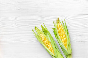 Two fresh corn cobs with green leaves, top view. Vegetable background