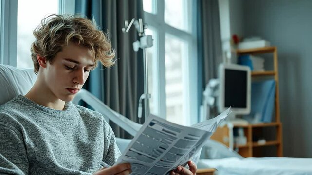 A young adult patient sitting in a hospital room, reading a health advice brochure.