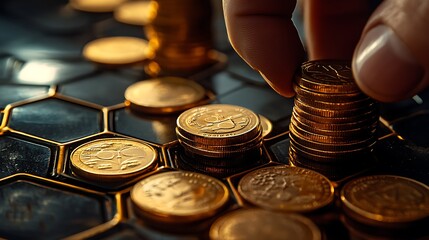 Stacking Coins on Glowing Blockchain Surface, A hand stacking coins on a glowing hexagonal surface