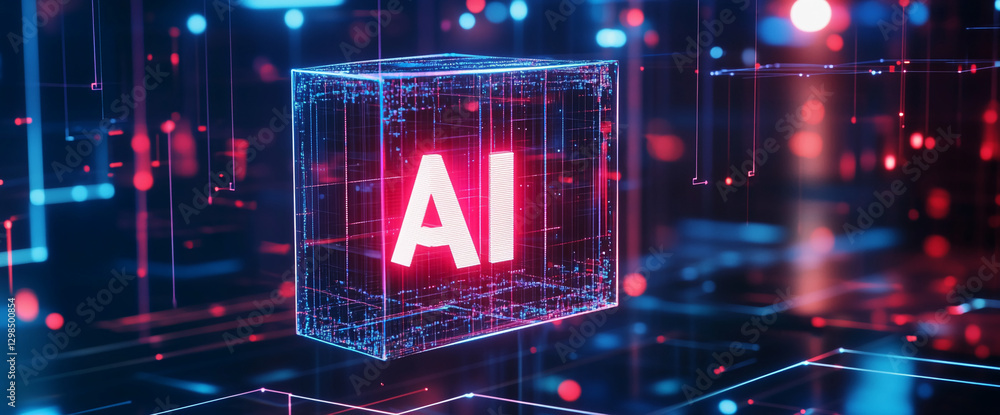 Poster 3D rendering of AI in a futuristic digital world, with glowing data cubes and neon lights, symbolizing artificial intelligence, technology, and data science.