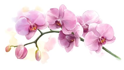 A branch of pink orchids with delicate petals and buds, set against a soft, blurred background. Concept Pink Orchids, Delicate Petals, Soft Background, Floral Composition, Nature Photography