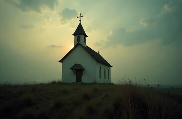Picturesque view of the church standing on a green hill. The concept of religion