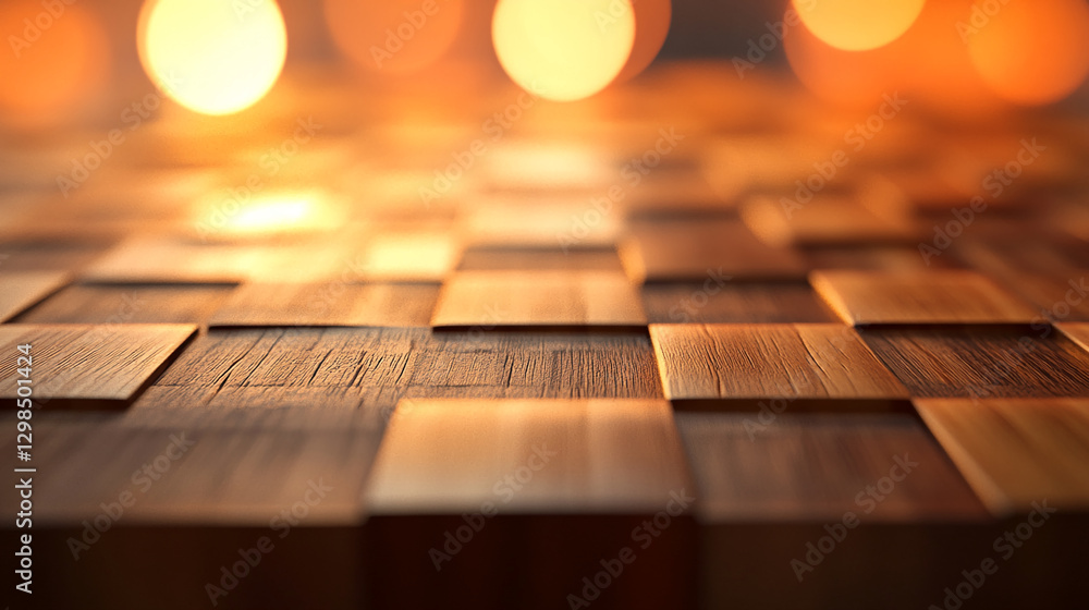 Poster Close-up view of a wooden floor with a checkered pattern, illuminated by warm light, symbolizing texture, craftsmanship, and natural materials in interior design.
