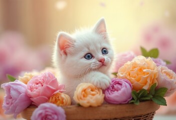 Adorable fluffy white kitten surrounded by colorful roses in a charming floral arrangement
