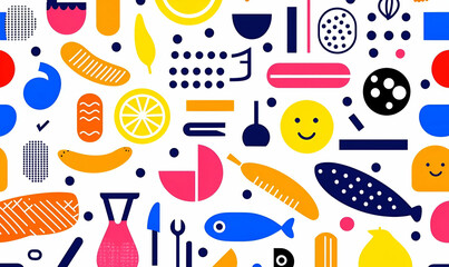 Colorful Abstract Pattern with Shapes and Icons Representing Food Items