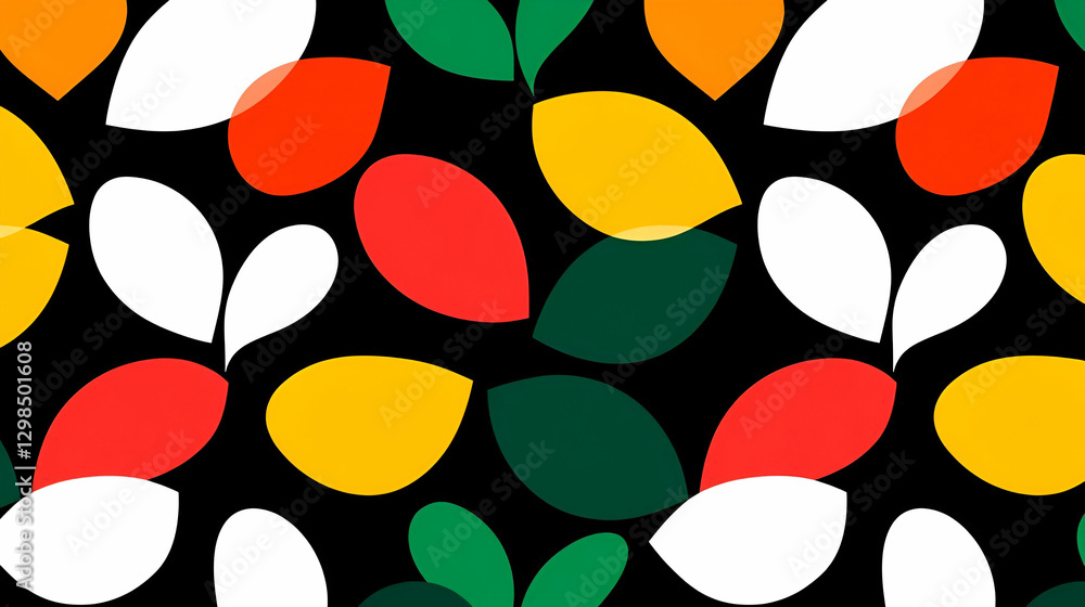 Poster vibrant abstract pattern of colorful leaf shapes on dark background
