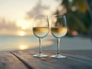 Two Wine Glasses with Golden Liquid on Wooden Table