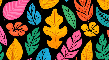 Colorful Tropical Leaves Pattern on Black Background for Design