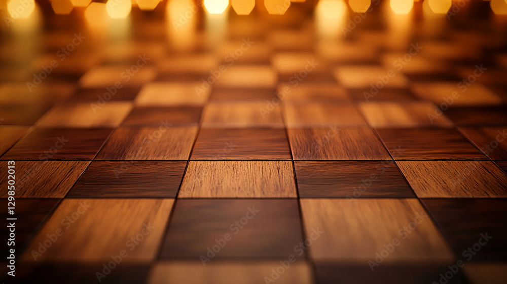 Aufkleber close-up of a wooden checkerboard pattern with a bokeh light background, representing elegance, craf