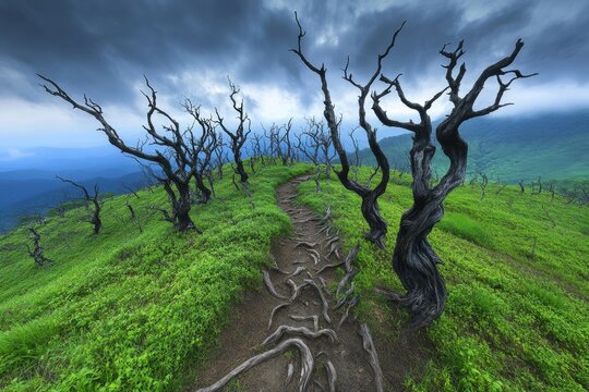 A decaying forest with eerie twisted trees and a mysterious fog creeping over the land