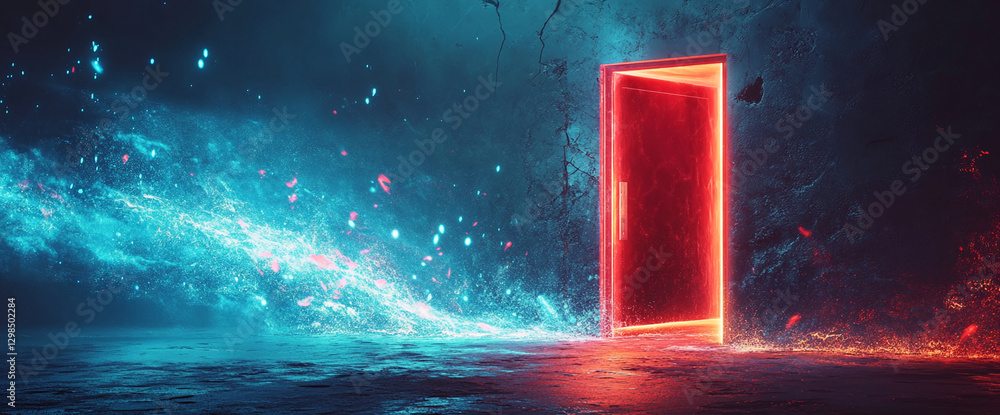 Poster a glowing red door opens in a dark room, with colorful sparks and light emanating from it, symbolizi