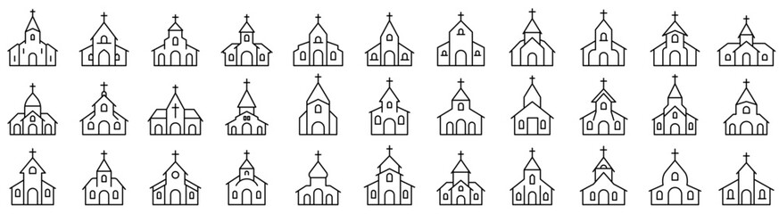Church house icon. Editable stroke. Set of black linear icons of church. Symbol of a church building. Vector illustration