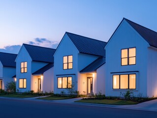 row of modern farmhouse style homes at dusk