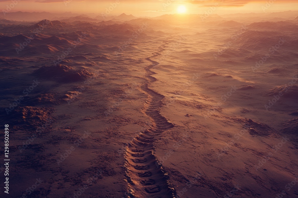Aufkleber Dusty path leads into distant mountains under a vibrant sunset sky with warm colors reflecting on rugged terrain. Generative AI