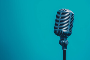 Photo of a vintage microphone on a teal blue background